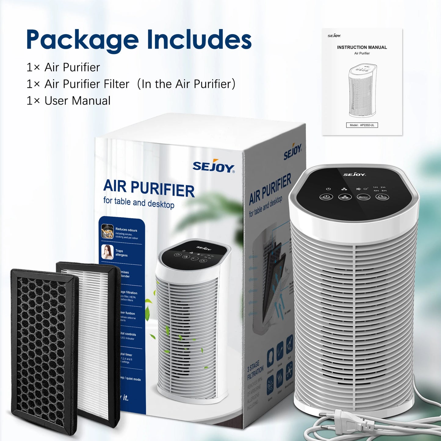 Sejoy Air Purifier With HEPA Filter Three Speeds Bedroom